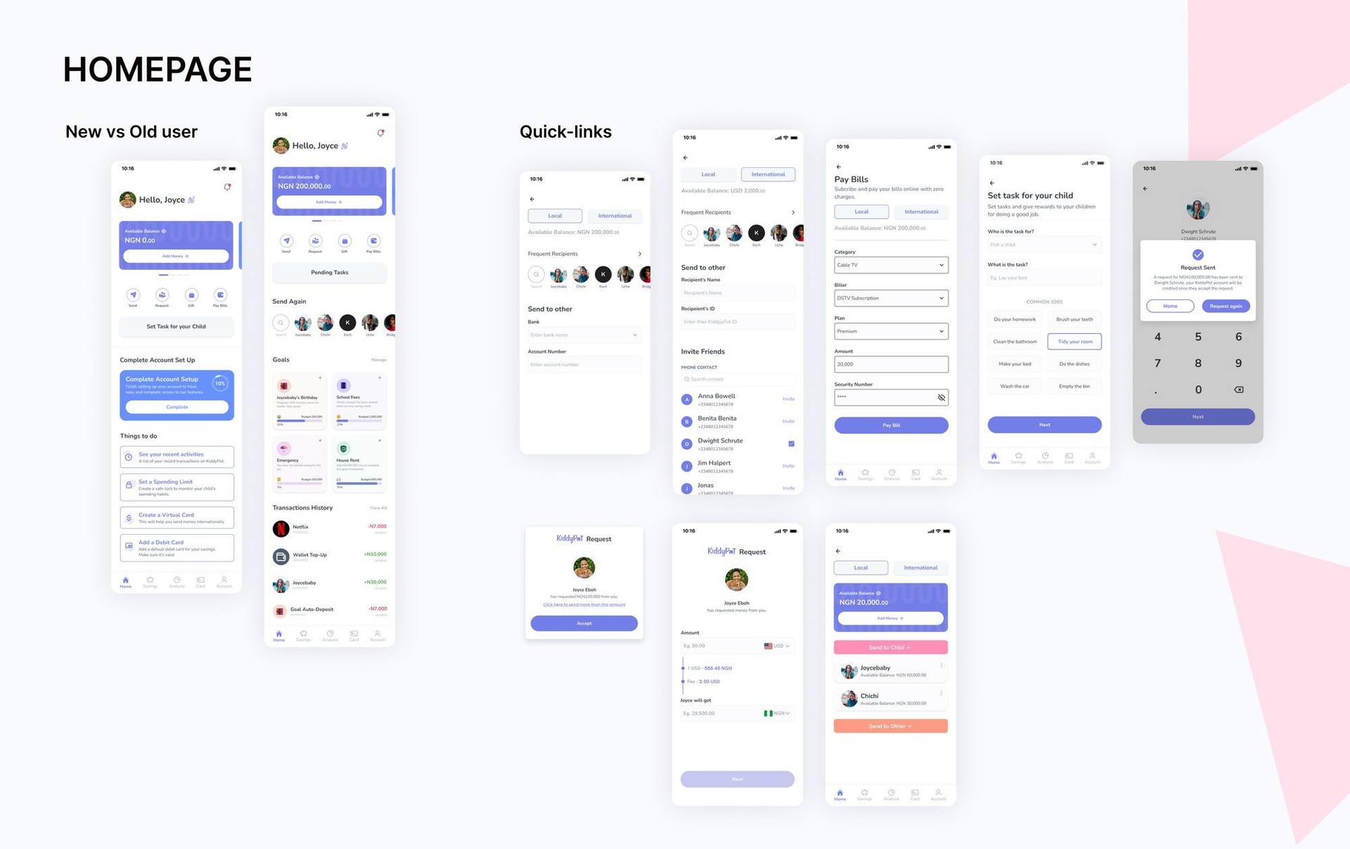 KiddyPot UI screens